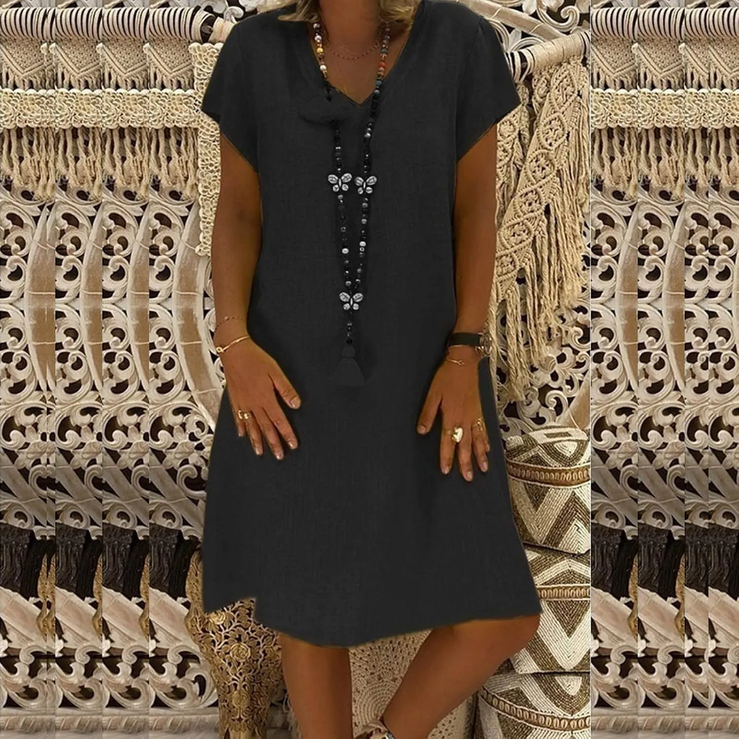Womens Short Sleeve Cotton Linen Beach Dresses Simple Solid Color A Line Sundress V-Neck Loose Clothes