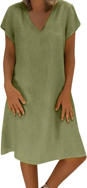 Womens Short Sleeve Cotton Linen Beach Dresses Simple Solid Color A Line Sundress V-Neck Loose Clothes