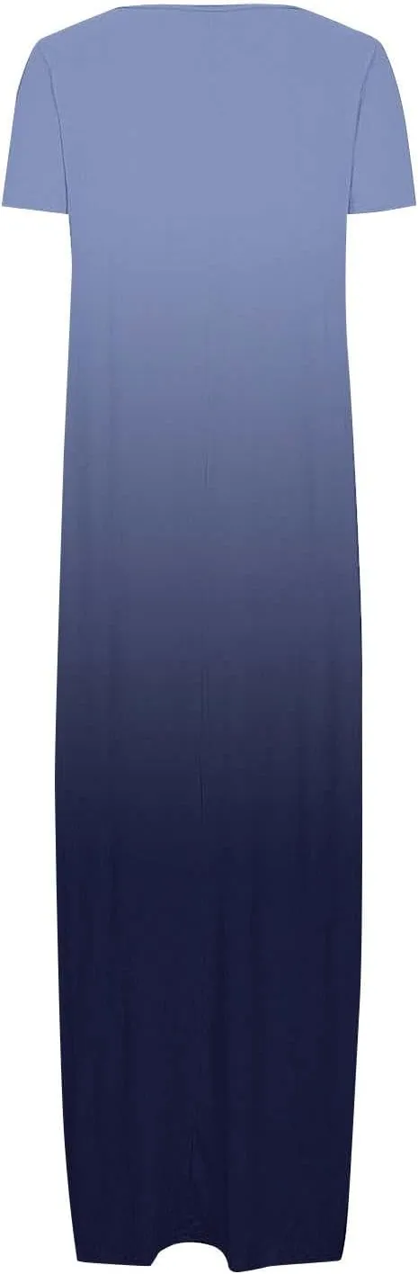 Women's Short Sleeve Loose Sundress Gradient Graphic Print Round Neck Beach Maxi Dresses Casual Trendy Clothes