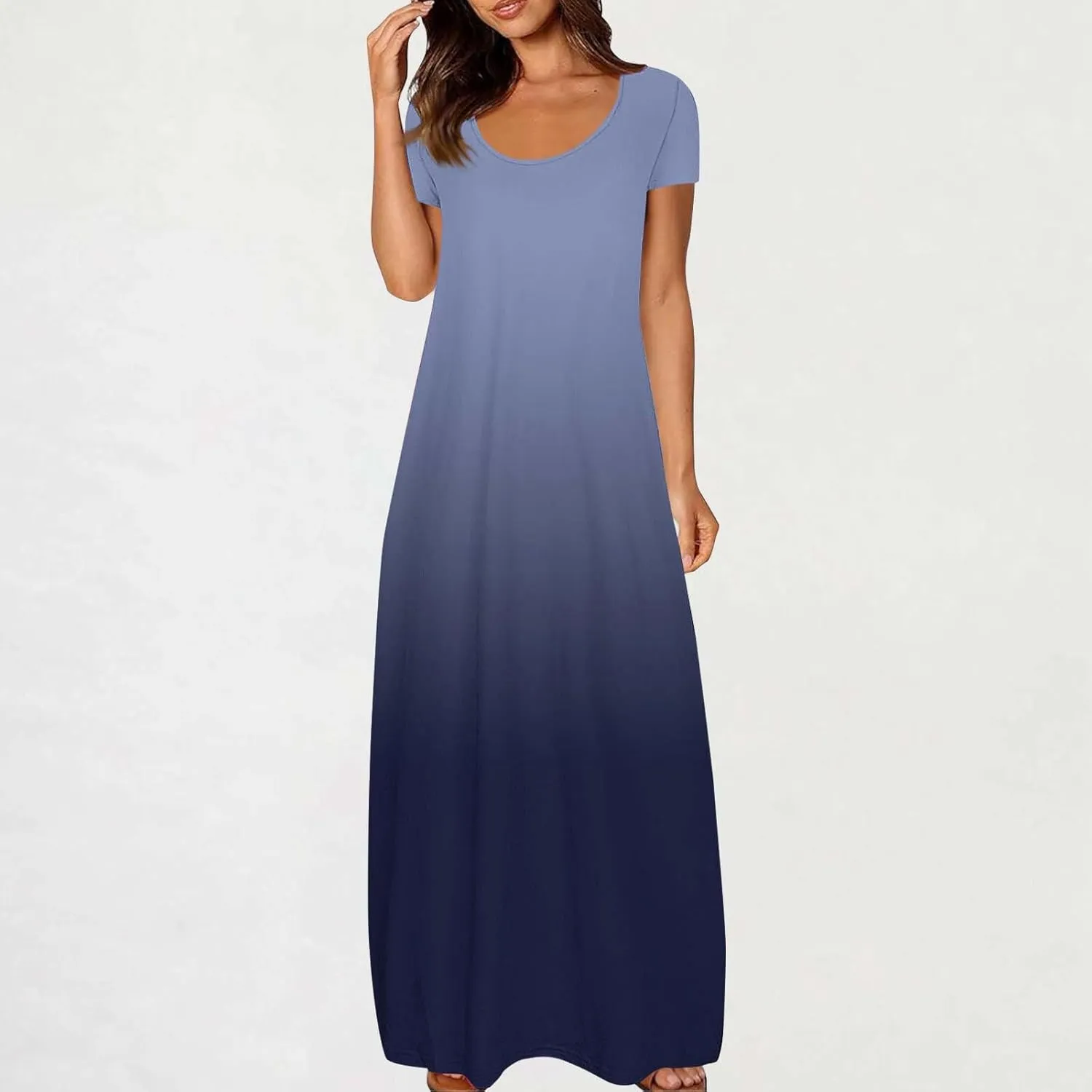 Women's Short Sleeve Loose Sundress Gradient Graphic Print Round Neck Beach Maxi Dresses Casual Trendy Clothes