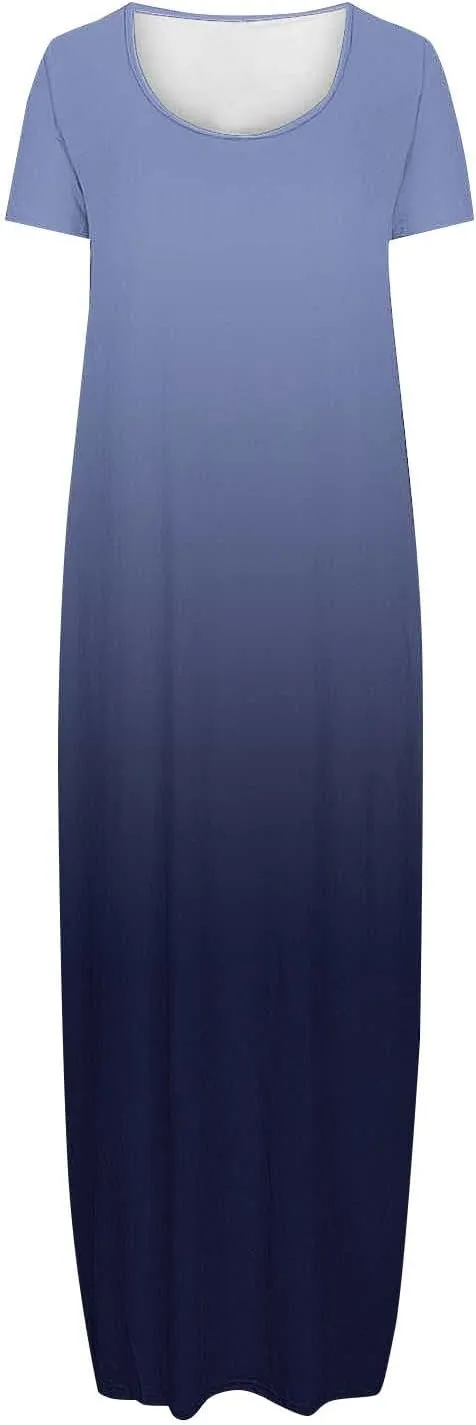 Women's Short Sleeve Loose Sundress Gradient Graphic Print Round Neck Beach Maxi Dresses Casual Trendy Clothes