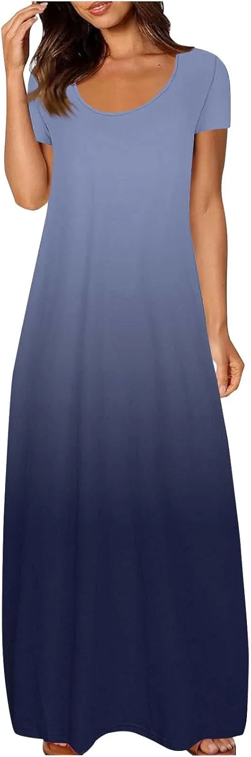 Women's Short Sleeve Loose Sundress Gradient Graphic Print Round Neck Beach Maxi Dresses Casual Trendy Clothes