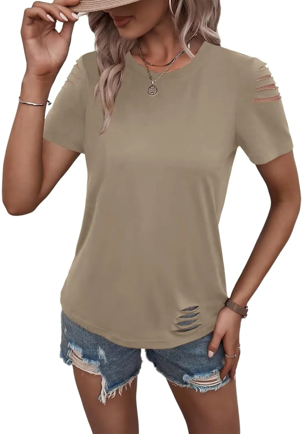 Women's Short Sleeve T Shirts Crew Neck Ripped Cut Out Summer Casual Basic Tees Tops