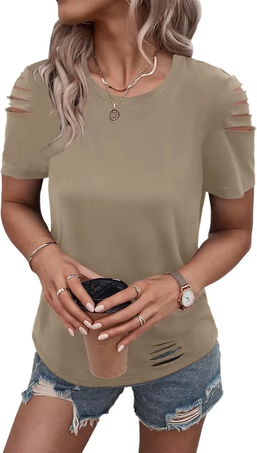 Women's Short Sleeve T Shirts Crew Neck Ripped Cut Out Summer Casual Basic Tees Tops