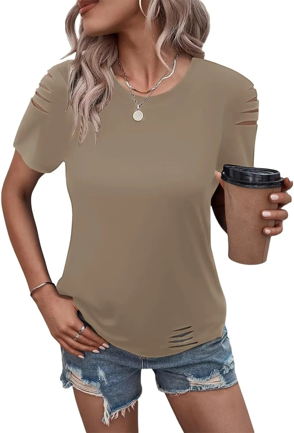 Women's Short Sleeve T Shirts Crew Neck Ripped Cut Out Summer Casual Basic Tees Tops