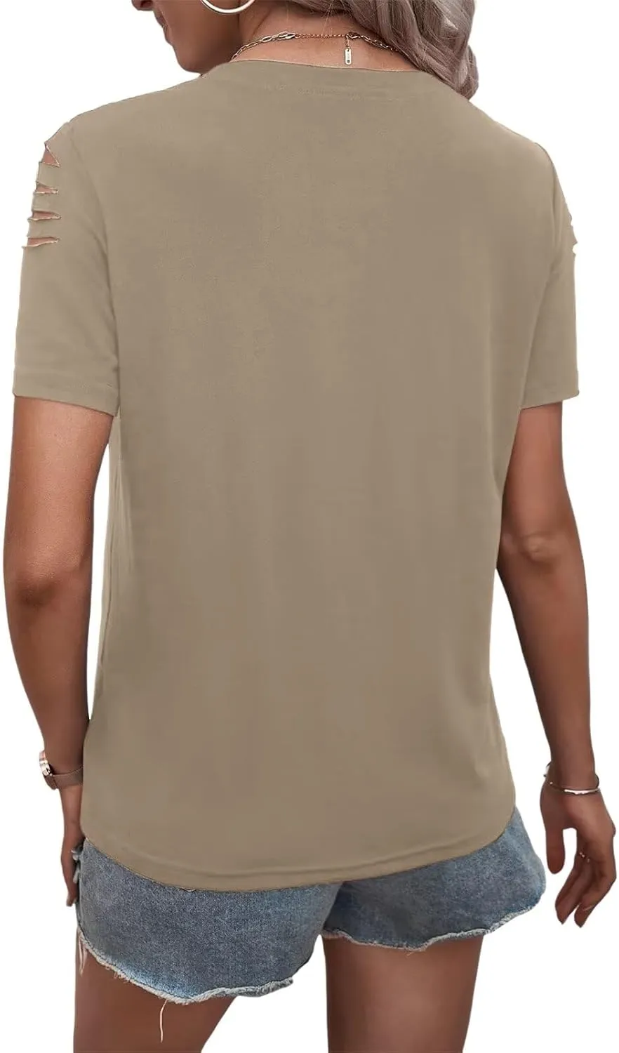 Women's Short Sleeve T Shirts Crew Neck Ripped Cut Out Summer Casual Basic Tees Tops