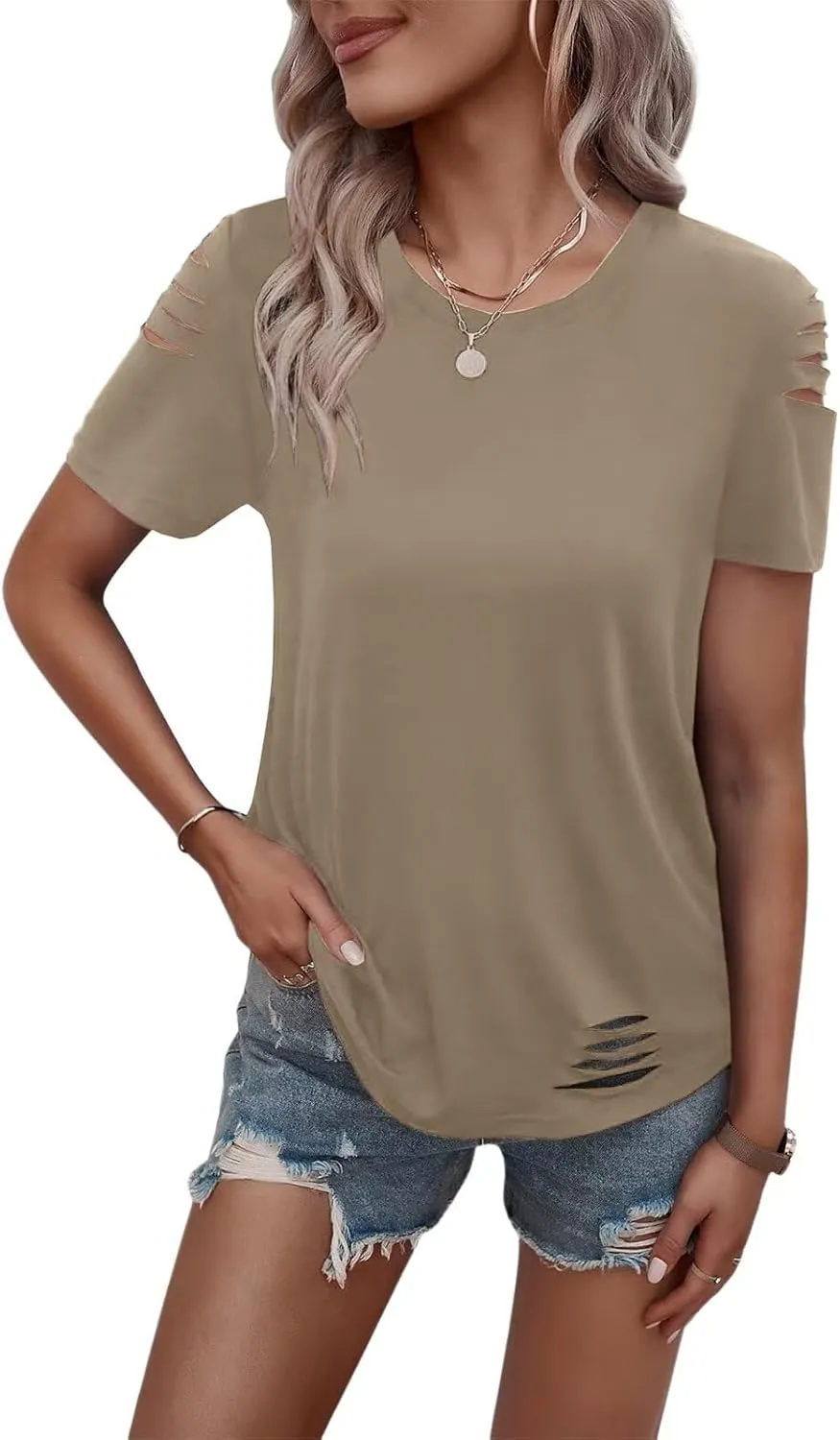 Women's Short Sleeve T Shirts Crew Neck Ripped Cut Out Summer Casual Basic Tees Tops
