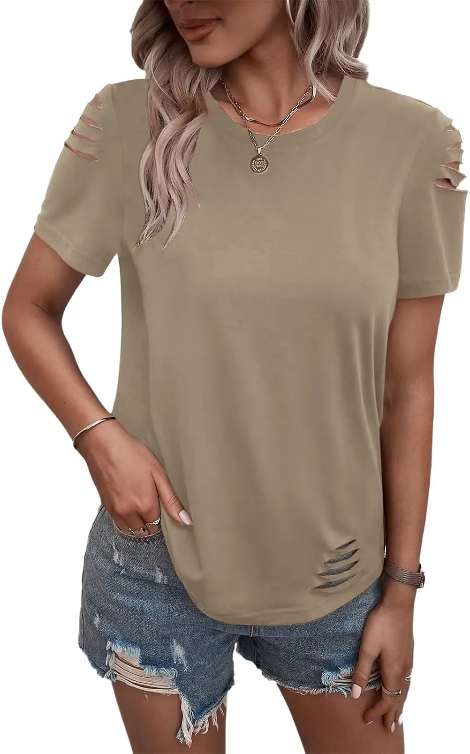 Women's Short Sleeve T Shirts Crew Neck Ripped Cut Out Summer Casual Basic Tees Tops