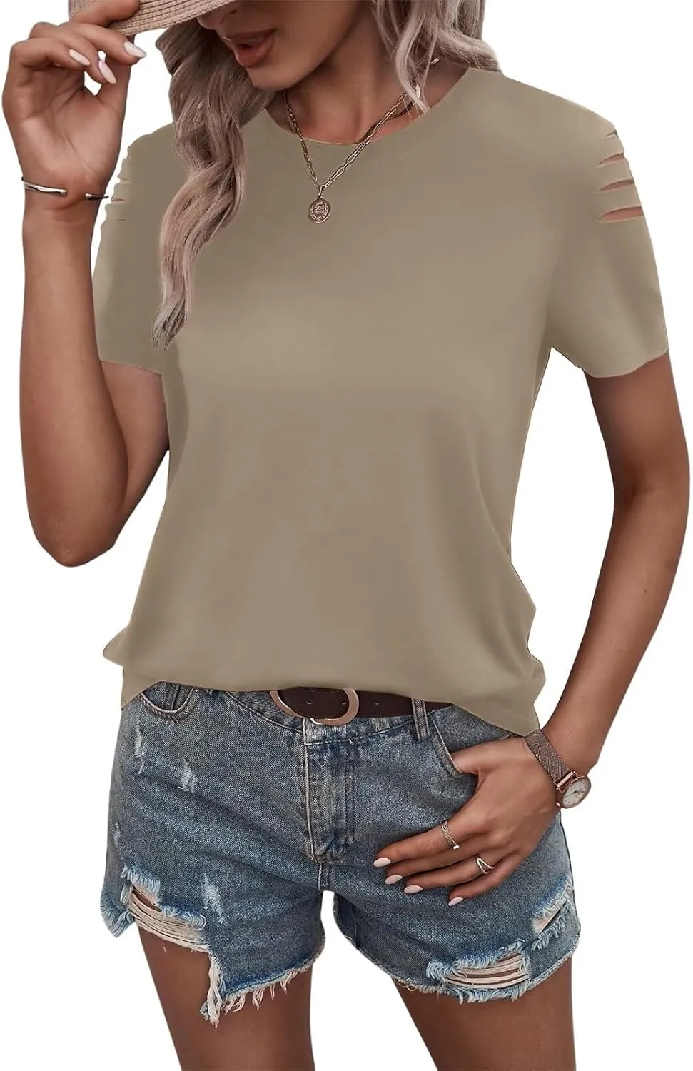 Women's Short Sleeve T Shirts Crew Neck Ripped Cut Out Summer Casual Basic Tees Tops