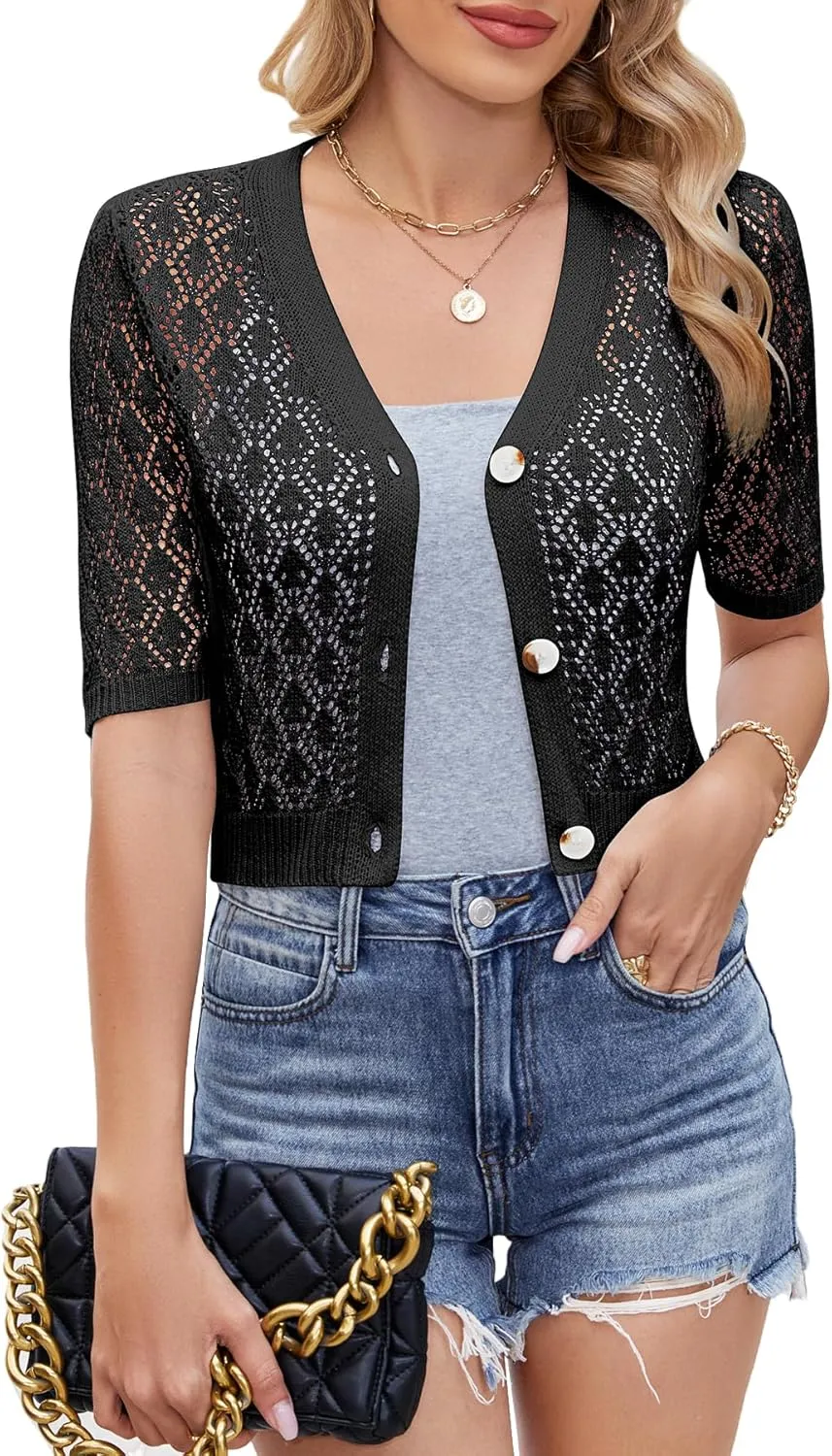 Women's Short Sleeve V Neck Cardigans Sweaters Open Front Knit Crochet Button Down Bolero Shrugs Tops Summer Shirts