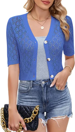 Women's Short Sleeve V Neck Cardigans Sweaters Open Front Knit Crochet Button Down Bolero Shrugs Tops Summer Shirts