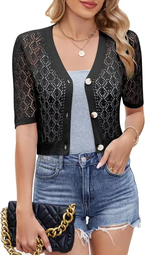 Women's Short Sleeve V Neck Cardigans Sweaters Open Front Knit Crochet Button Down Bolero Shrugs Tops Summer Shirts