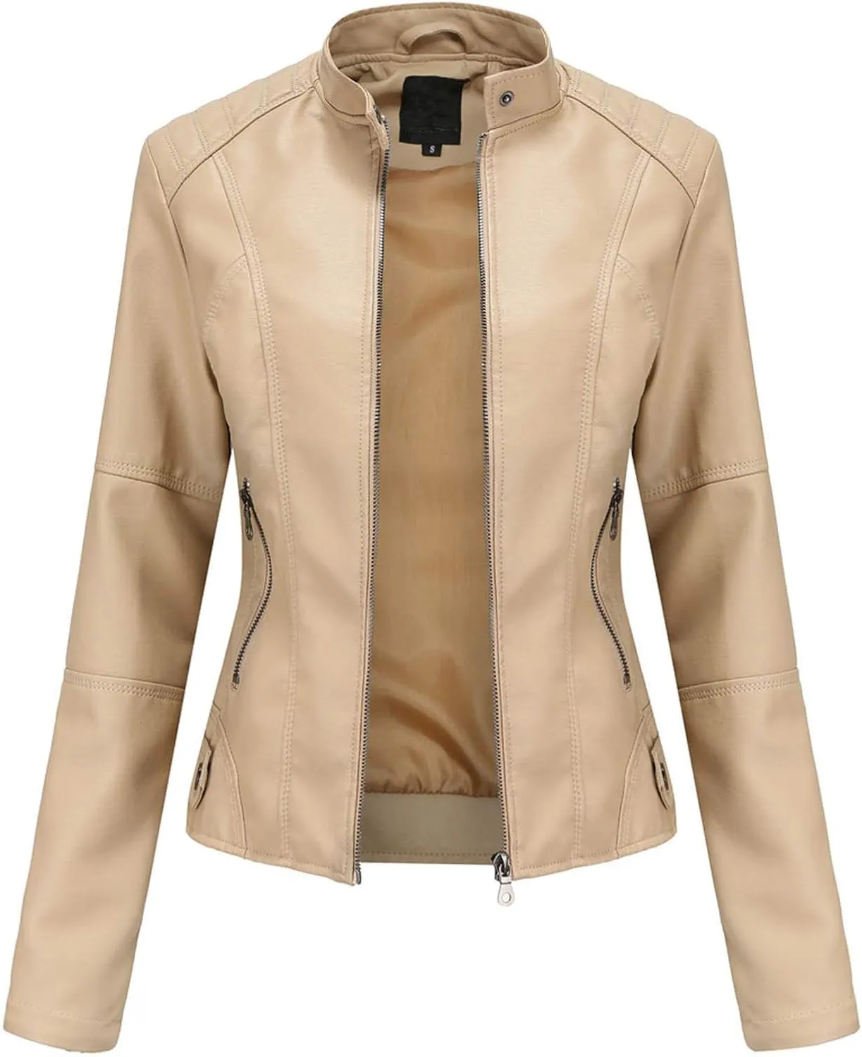 Women's Slim Fit Leather Faux Jacket, Stand-Up Solid Collar Color Leather Faux Jacket,Motorcycle Jacket Style Coats