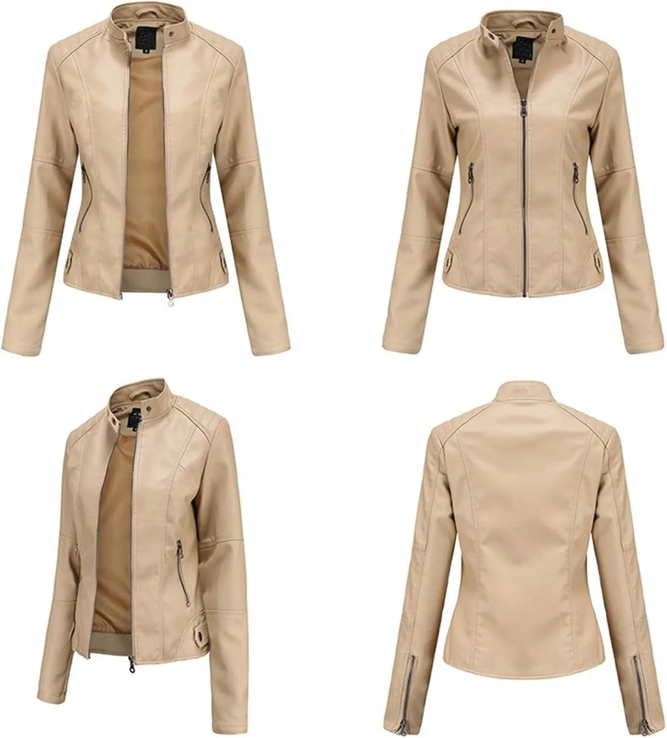 Women's Slim Fit Leather Faux Jacket, Stand-Up Solid Collar Color Leather Faux Jacket,Motorcycle Jacket Style Coats