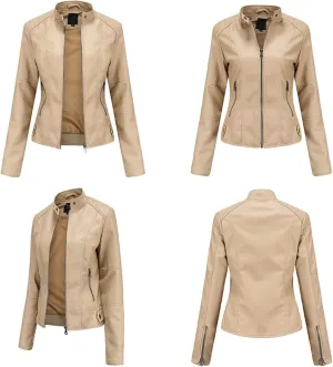 Women's Slim Fit Leather Faux Jacket, Stand-Up Solid Collar Color Leather Faux Jacket,Motorcycle Jacket Style Coats
