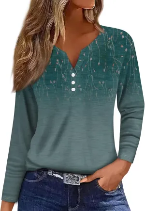 Womens Spring Long Sleeve Tops Button Down Henley V Neck Shirts Dressy Casual Fall Floral Blouses
