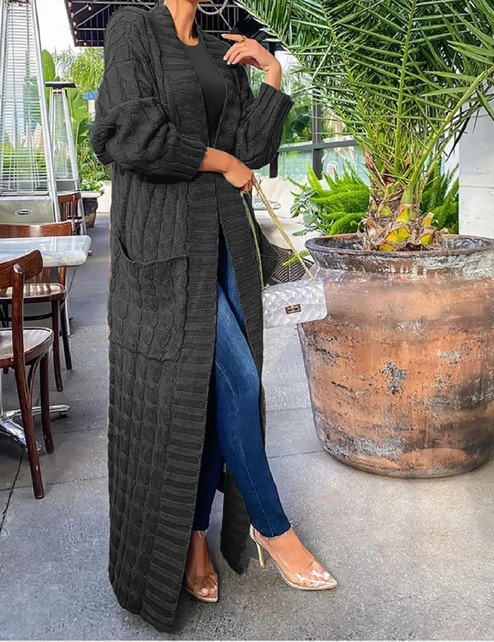 Womens Stylish Cable Knit Dual Chunky Cardigan with Pockets
