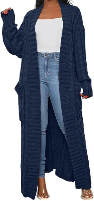 Womens Stylish Cable Knit Dual Chunky Cardigan with Pockets