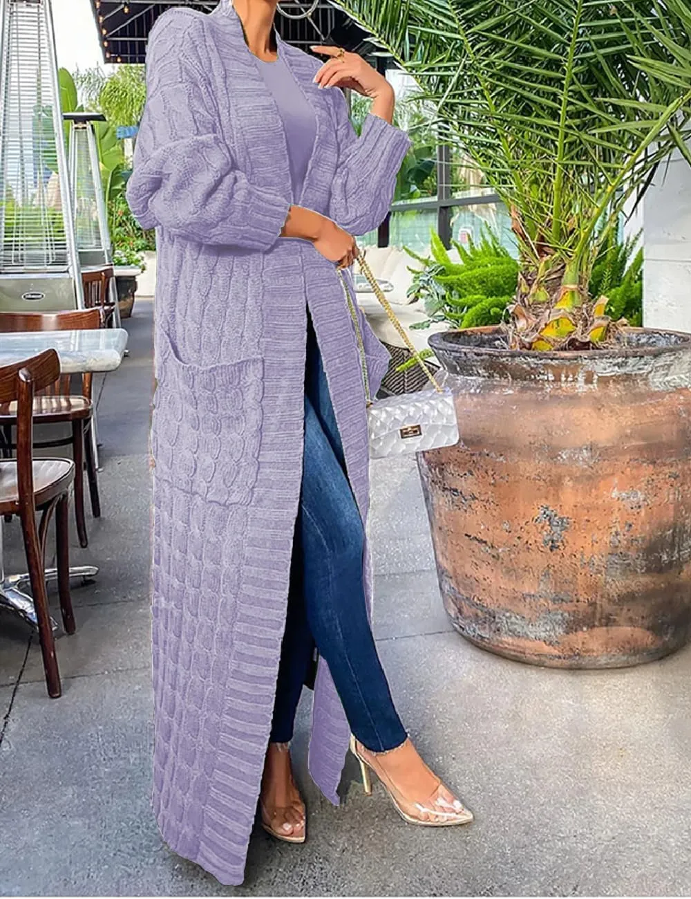 Womens Stylish Cable Knit Dual Chunky Cardigan with Pockets