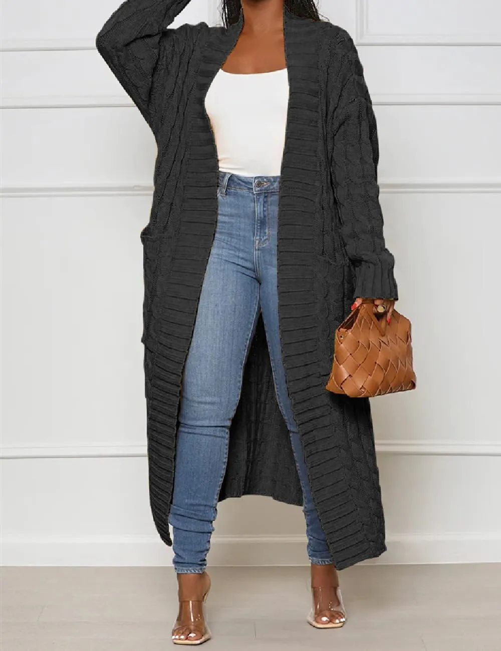 Womens Stylish Cable Knit Dual Chunky Cardigan with Pockets