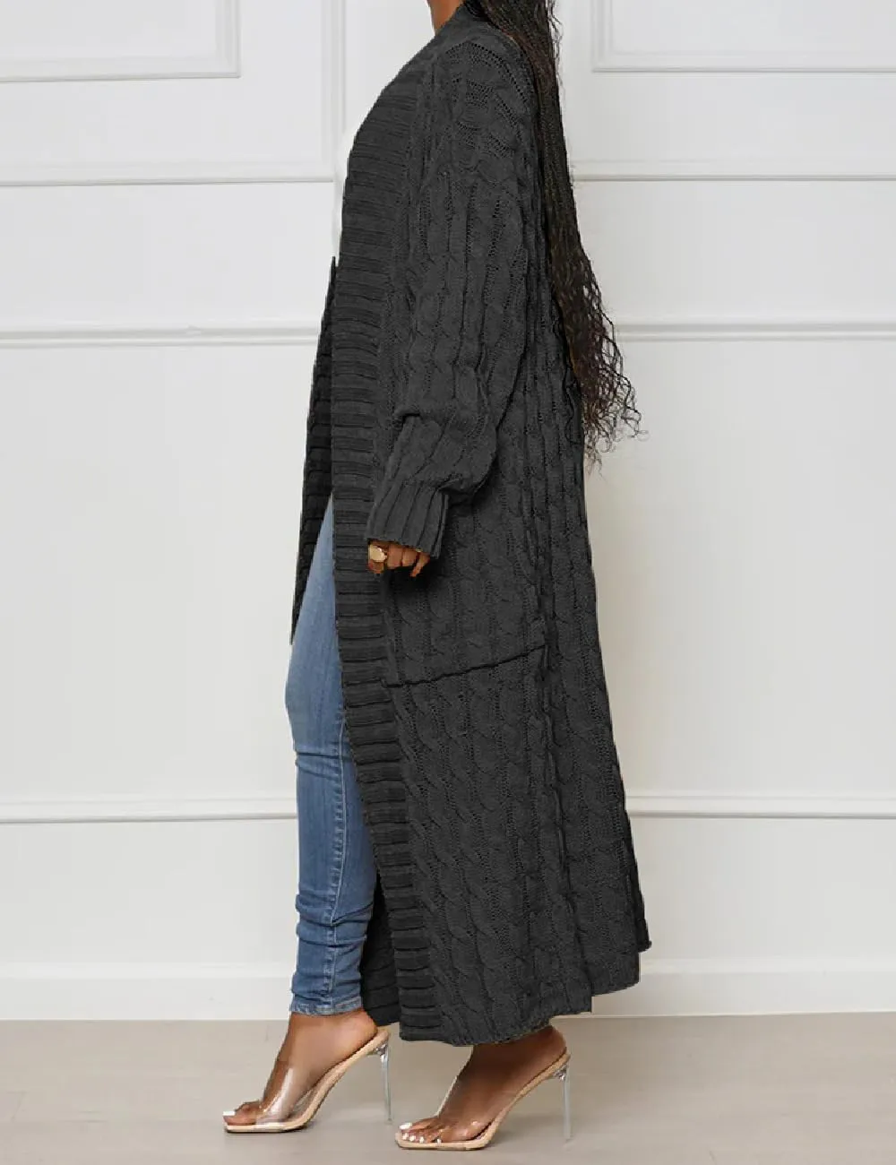 Womens Stylish Cable Knit Dual Chunky Cardigan with Pockets