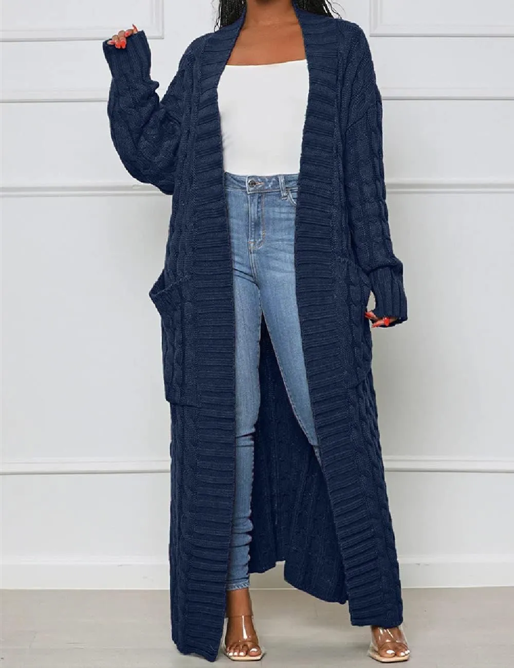 Womens Stylish Cable Knit Dual Chunky Cardigan with Pockets