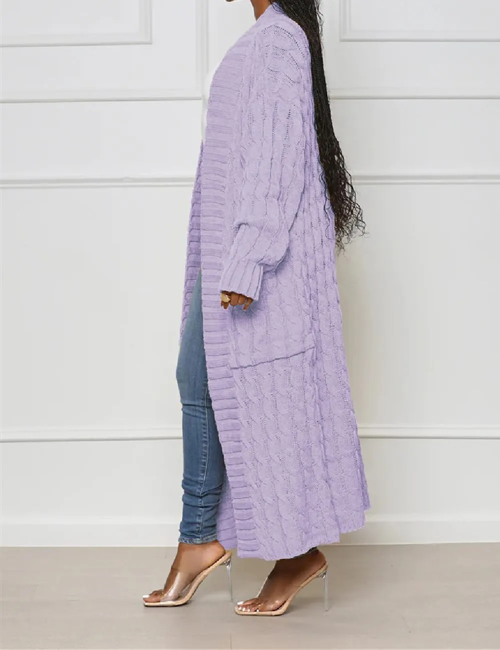 Womens Stylish Cable Knit Dual Chunky Cardigan with Pockets