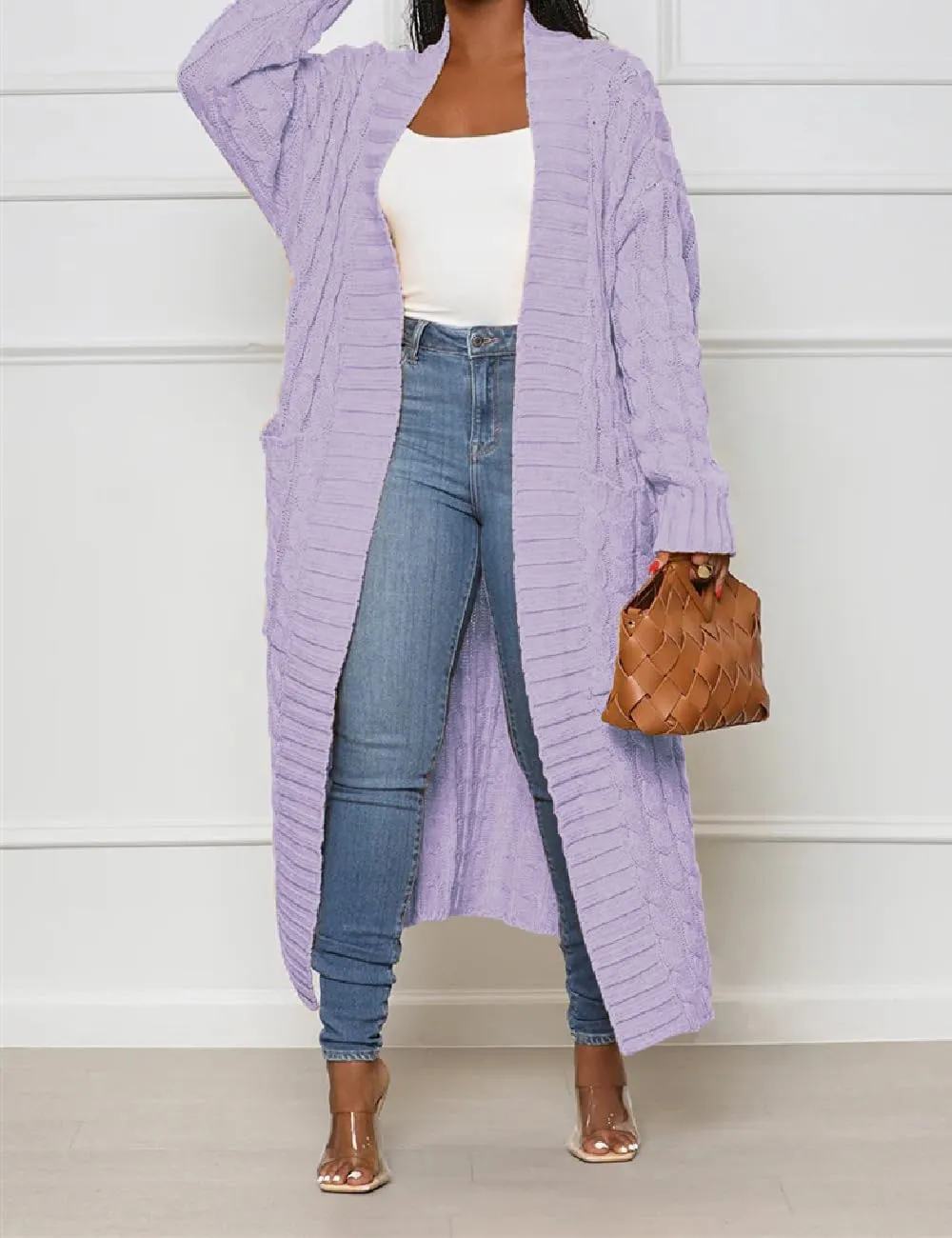 Womens Stylish Cable Knit Dual Chunky Cardigan with Pockets