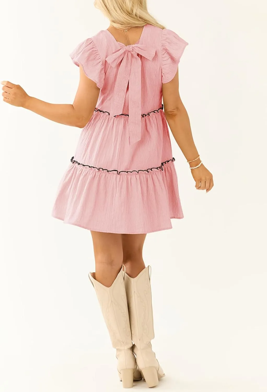 Womens Summer Babydoll Mini Dress V Neck Tie Back Ruffle Sleeve Casual Tiered Loose Flowy Swing Tunic Shift Dress