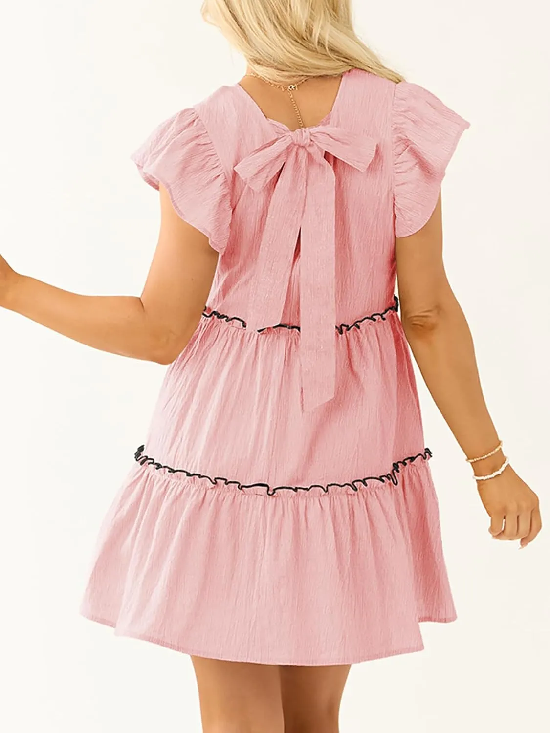 Womens Summer Babydoll Mini Dress V Neck Tie Back Ruffle Sleeve Casual Tiered Loose Flowy Swing Tunic Shift Dress