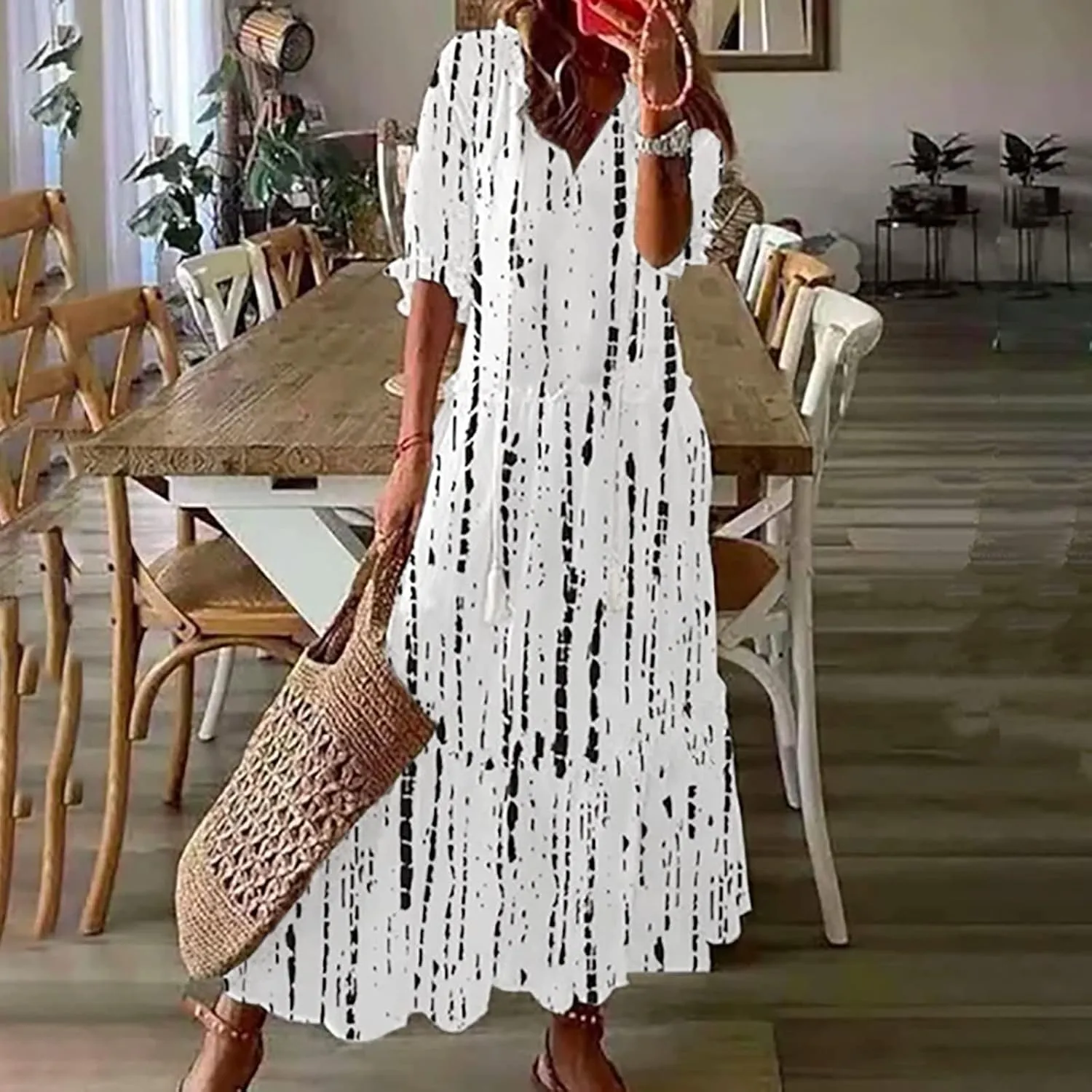 Women's Summer Boho Floral V Neck Ruffle Maxi Dress Flowy Casual Short Sleeve Tiered Beach Wedding Guest Tshirt Dress