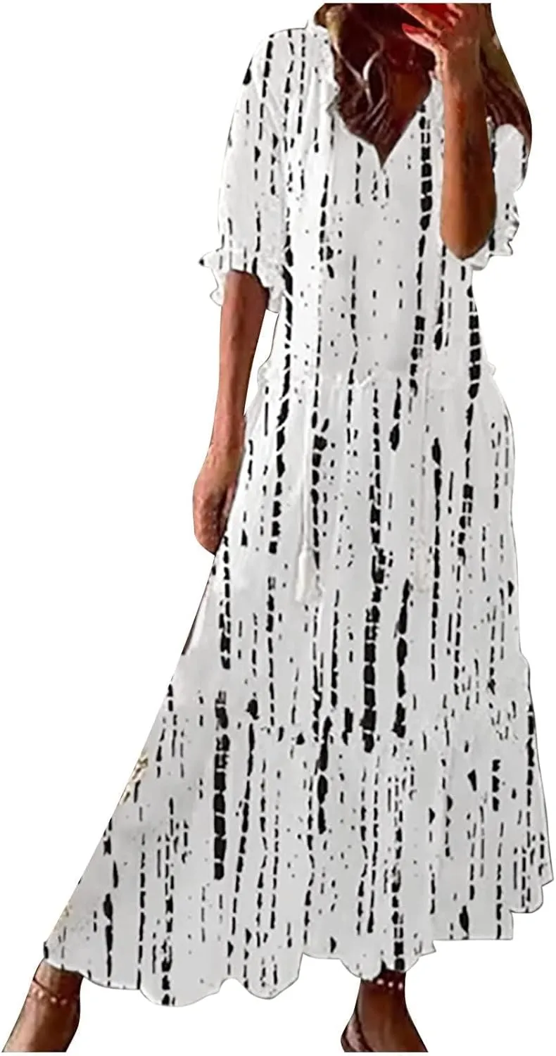 Women's Summer Boho Floral V Neck Ruffle Maxi Dress Flowy Casual Short Sleeve Tiered Beach Wedding Guest Tshirt Dress