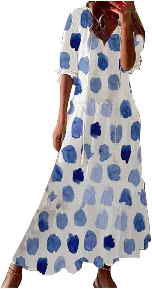 Women's Summer Boho Floral V Neck Ruffle Maxi Dress Flowy Casual Short Sleeve Tiered Beach Wedding Guest Tshirt Dress