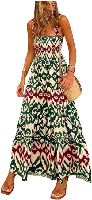 Women's Summer Boho Spaghetti Strap Square Neck Beach Sun Dress Sleeveless Floral Print Maxi Dress