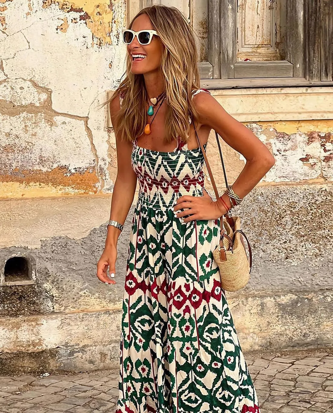 Women's Summer Boho Spaghetti Strap Square Neck Beach Sun Dress Sleeveless Floral Print Maxi Dress
