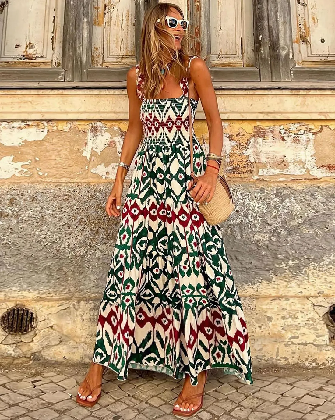 Women's Summer Boho Spaghetti Strap Square Neck Beach Sun Dress Sleeveless Floral Print Maxi Dress