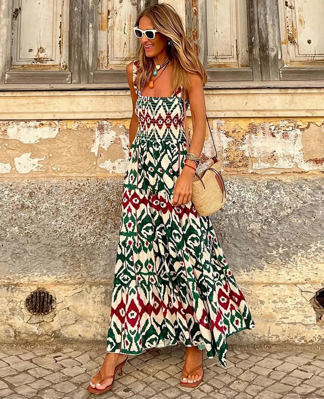 Women's Summer Boho Spaghetti Strap Square Neck Beach Sun Dress Sleeveless Floral Print Maxi Dress