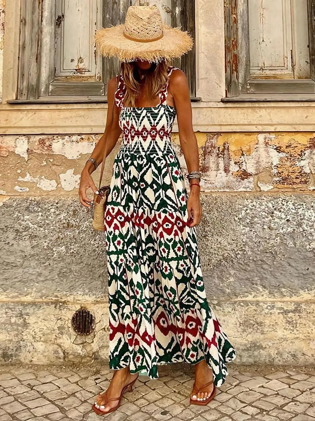 Women's Summer Boho Spaghetti Strap Square Neck Beach Sun Dress Sleeveless Floral Print Maxi Dress