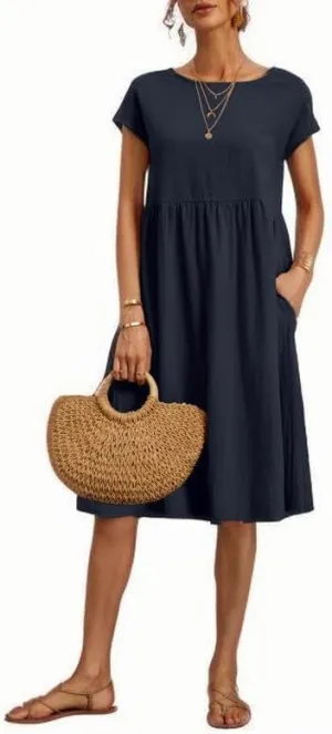 Women's Summer Cotton Linen Solid Dress Round Neck with Pockets Short Sleeve Maxi Dress A Line Loose Mid Length Pleated Skirt