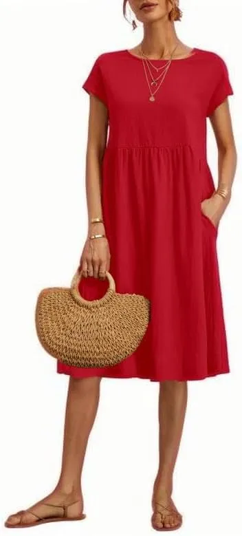 Women's Summer Cotton Linen Solid Dress Round Neck with Pockets Short Sleeve Maxi Dress A Line Loose Mid Length Pleated Skirt