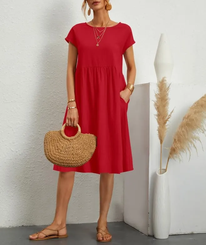 Women's Summer Cotton Linen Solid Dress Round Neck with Pockets Short Sleeve Maxi Dress A Line Loose Mid Length Pleated Skirt
