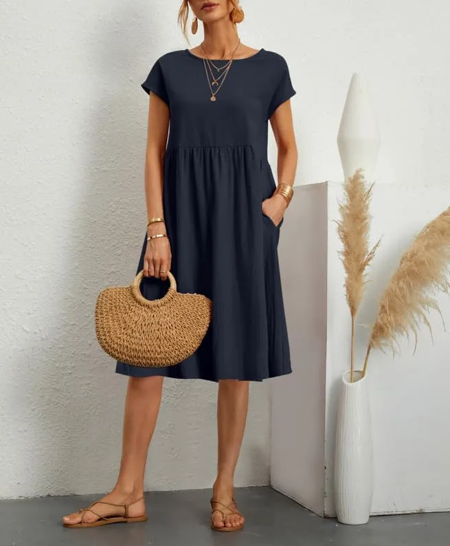 Women's Summer Cotton Linen Solid Dress Round Neck with Pockets Short Sleeve Maxi Dress A Line Loose Mid Length Pleated Skirt