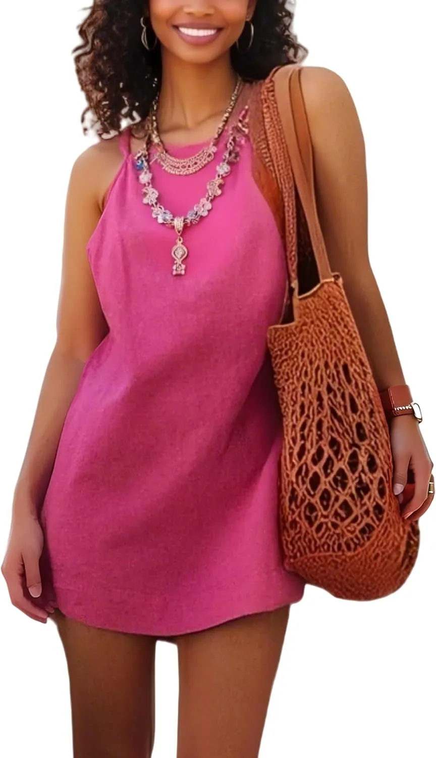 Women's Summer Dresses Sleeveless Low Back Casual Beach Vacation Mini Dress A Line Slim Tank Sundress 2025