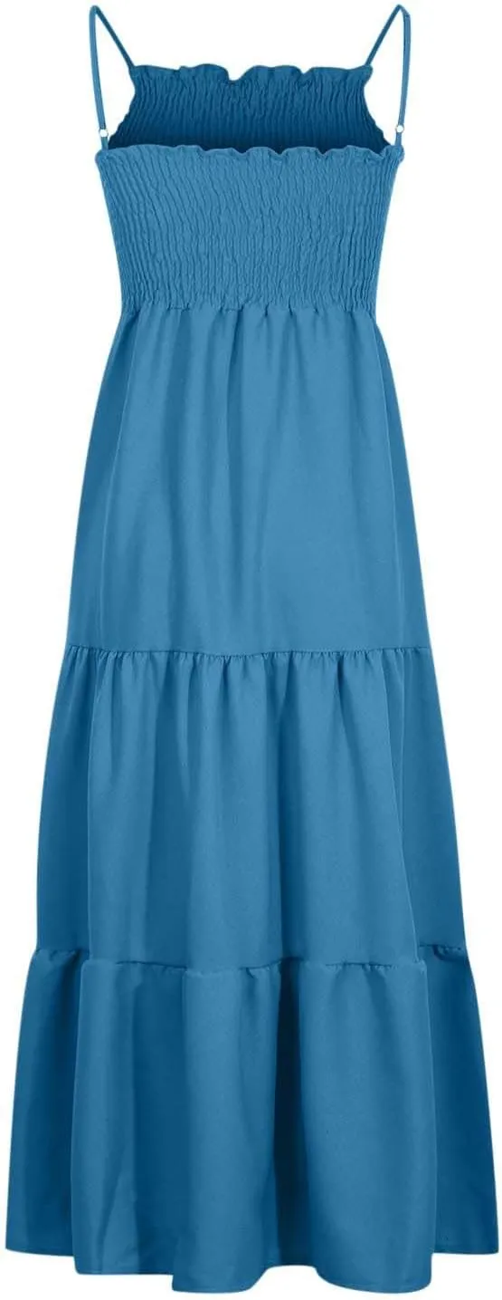 Women's Summer Maxi Dress Casual Boho Sleeveless High Waisted Spaghetti Strap Smocked Tiered Solid Beach Sun Dresses