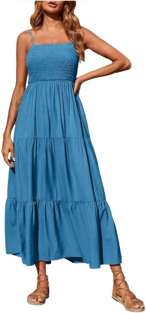 Women's Summer Maxi Dress Casual Boho Sleeveless High Waisted Spaghetti Strap Smocked Tiered Solid Beach Sun Dresses