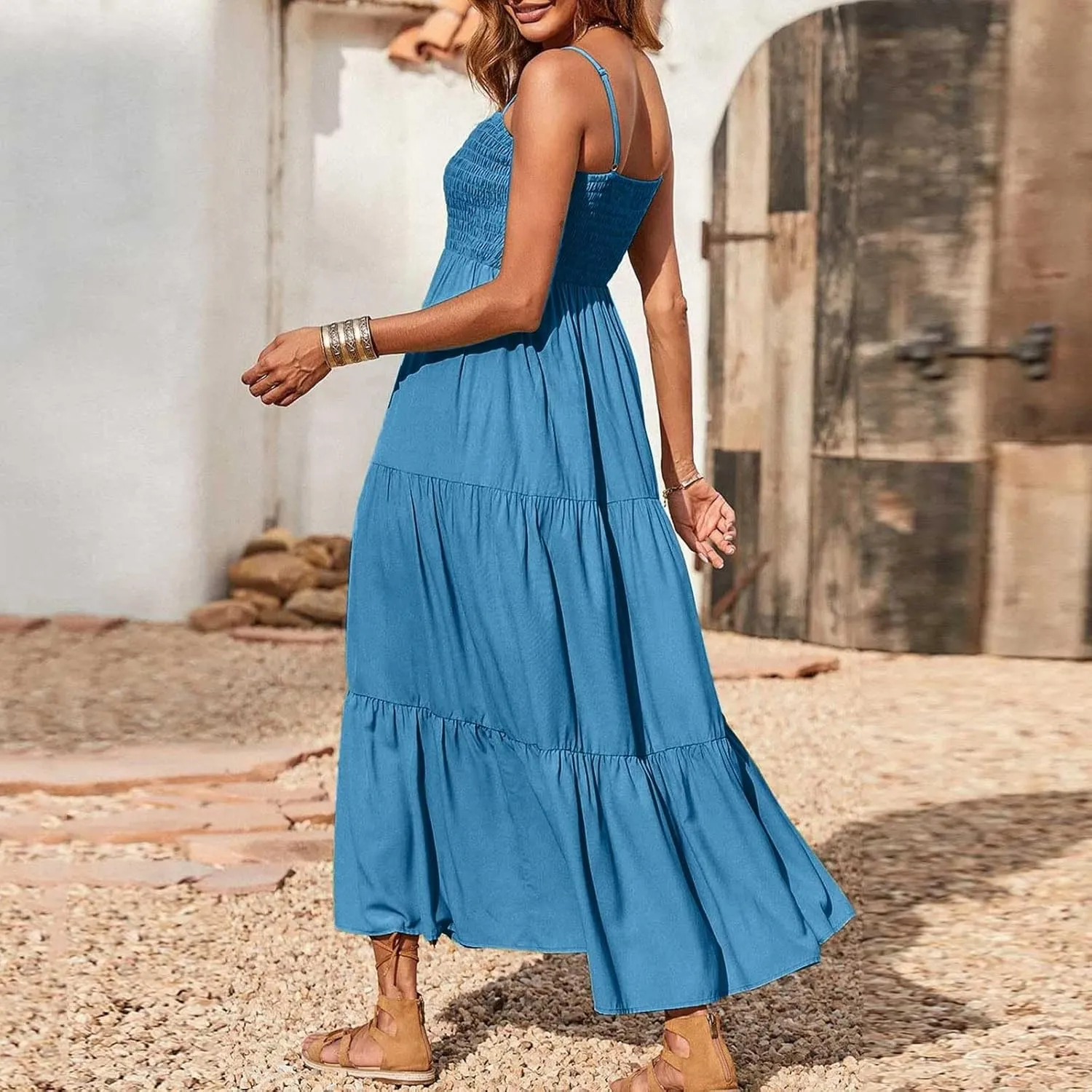Women's Summer Maxi Dress Casual Boho Sleeveless High Waisted Spaghetti Strap Smocked Tiered Solid Beach Sun Dresses
