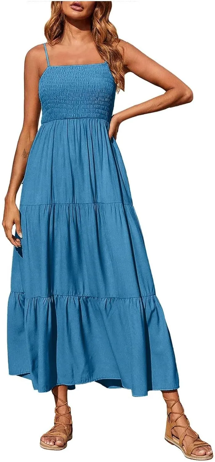 Women's Summer Maxi Dress Casual Boho Sleeveless High Waisted Spaghetti Strap Smocked Tiered Solid Beach Sun Dresses