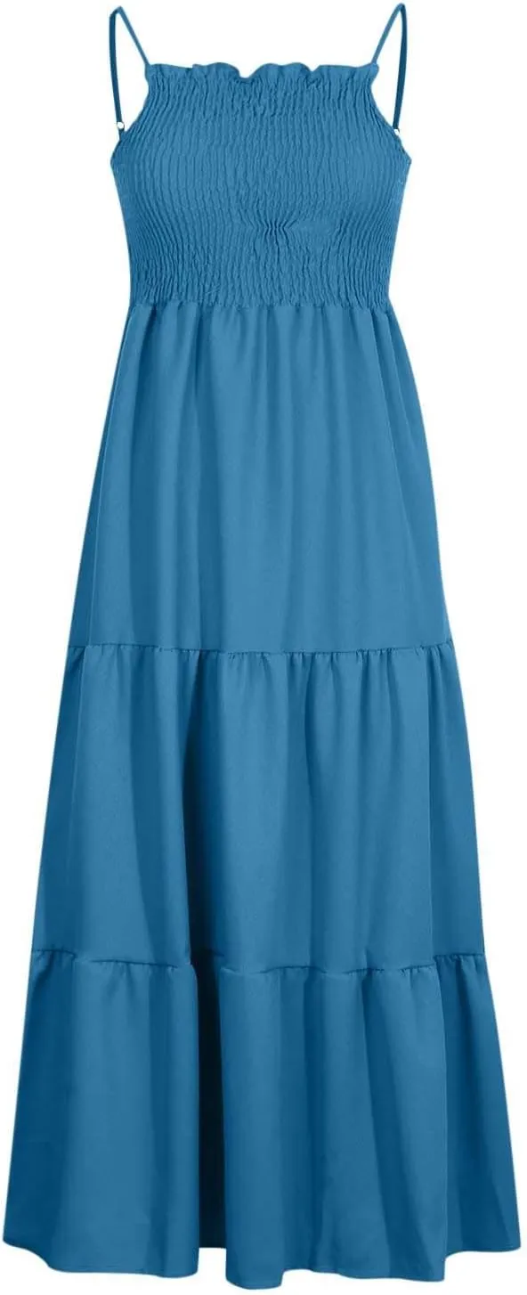 Women's Summer Maxi Dress Casual Boho Sleeveless High Waisted Spaghetti Strap Smocked Tiered Solid Beach Sun Dresses