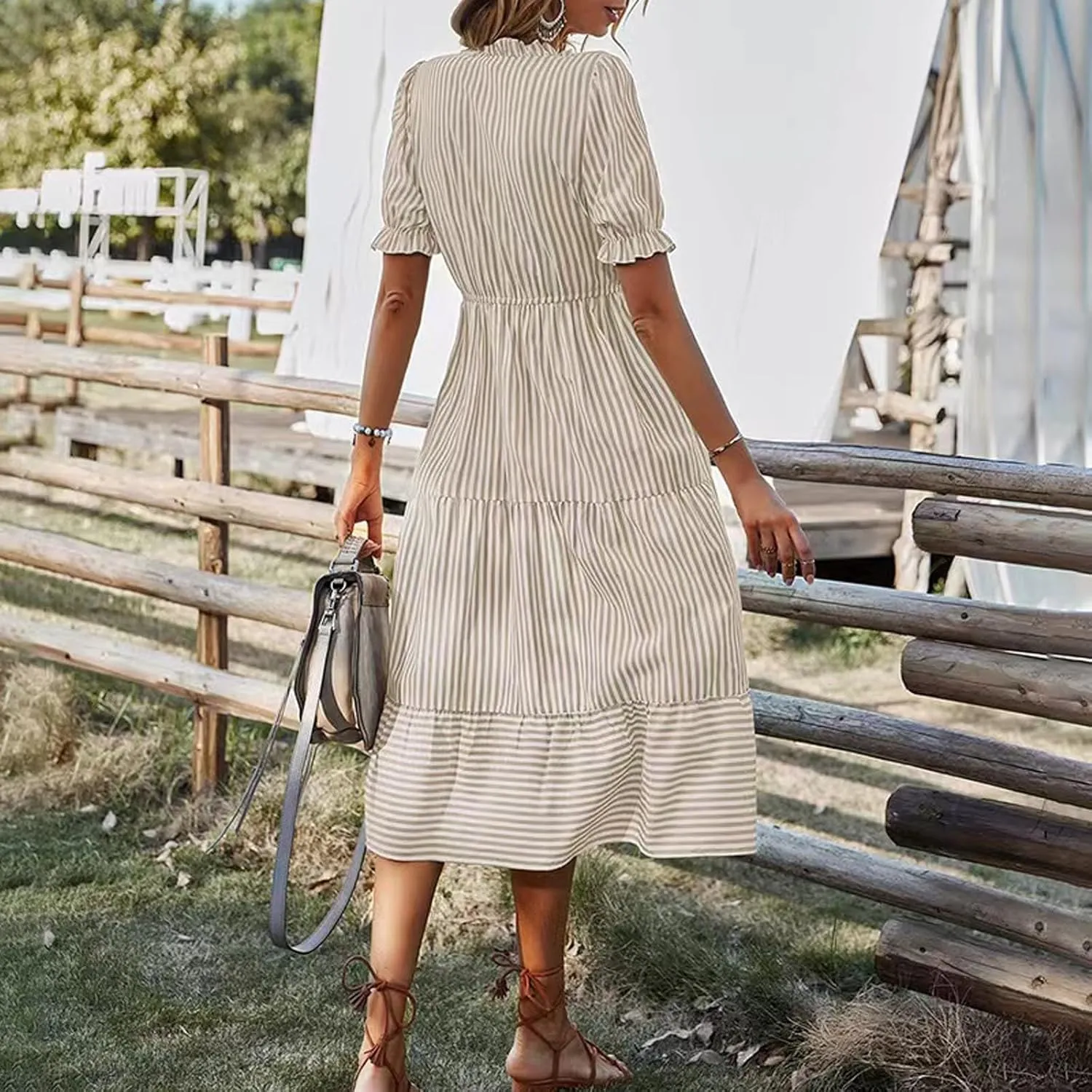 Women's Summer Ruffle Puff Sleeve Dress Short Sleeve V Neck High Waist Casual Loose Striped Midi Dresses