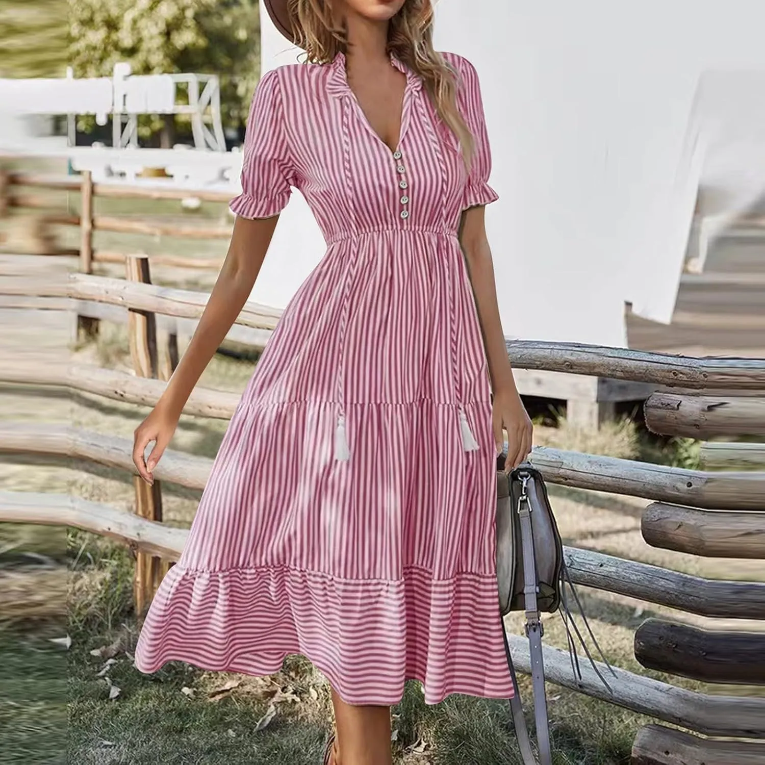 Women's Summer Ruffle Puff Sleeve Dress Short Sleeve V Neck High Waist Casual Loose Striped Midi Dresses